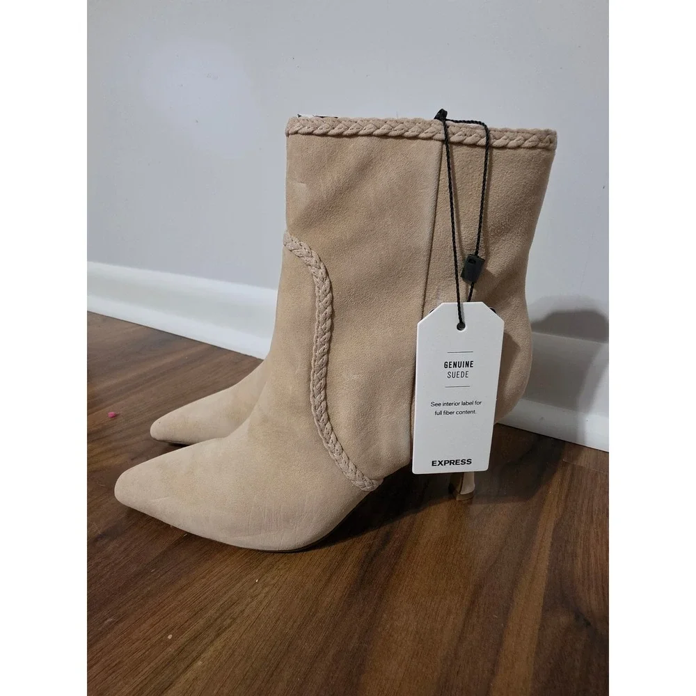 Express Ankle Boots Women 8 Foundation Beige New Suede Braided Kitten Heel Boot